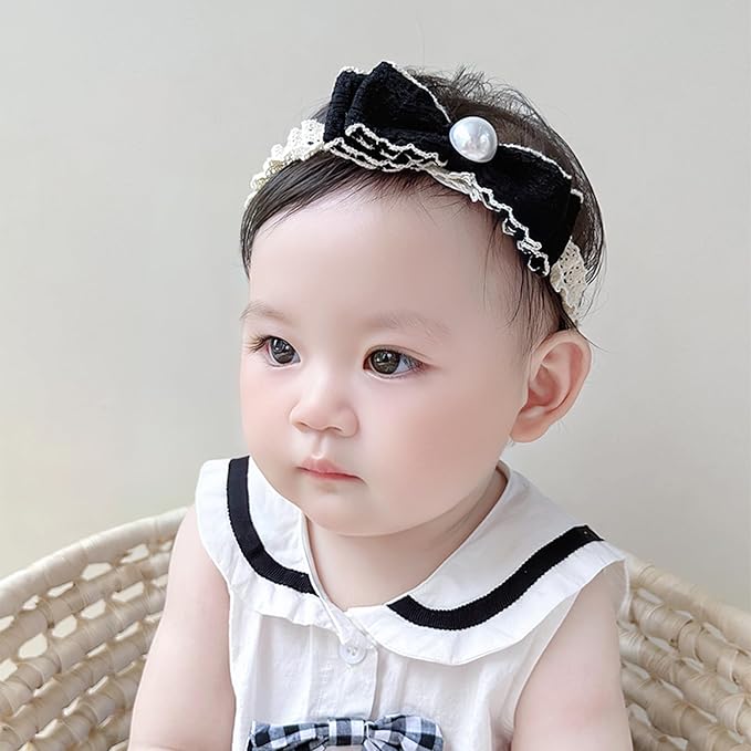 Bow Lace Headbands for Baby Girls Soft Tulle Ribbon Pearl Head Wrap Elastic Bow-knot Hair Band Shower Birthday Hair Accessory for Newborn Infant Toddler (Black A, Elastic)
