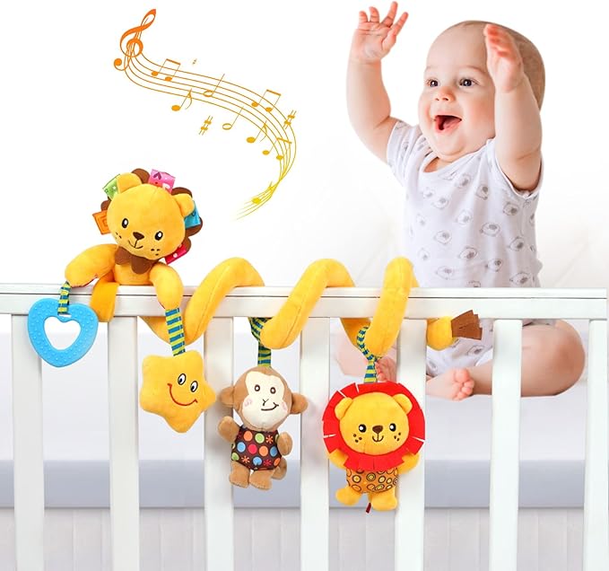 Jollybaby Crib Stroller Car Seat Toys for Baby 0-3-6-9-12 Months, Tummy Time Hanging Sensory Toys for Newborn with Music Box and Teether, Spiral Carseat Toy for Baby Boys Girls Gifts (07-Little Lion)