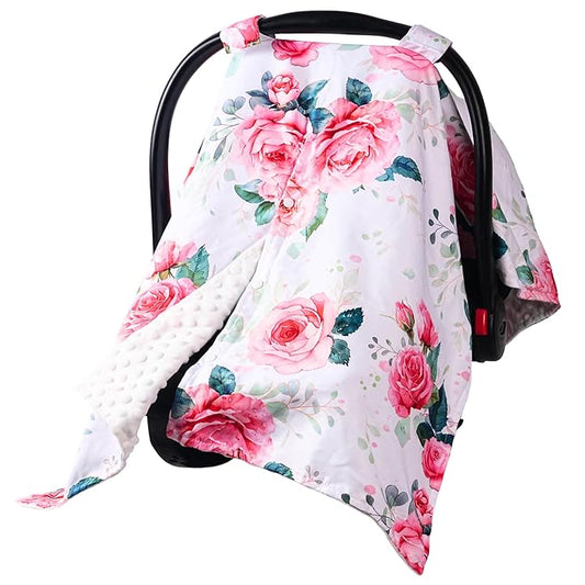Baby Car Seat Cover,Carseat Covers Baby Girl, Multi-Use Minky Infant Canopy for Babies,Minky Infant Car Seat Cover Winter,Ultra-Soft Nursing & Stroller Cover,Pink Rose