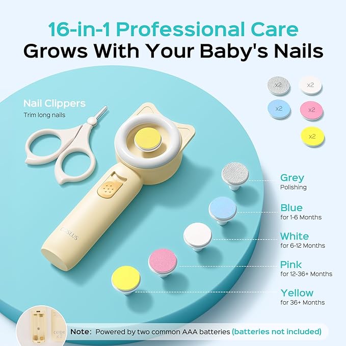 COSLUS C50 Baby Nail File, Baby Nail Trimmer Electric, Baby Nail Clipper - Gentle, Quiet with 360° Light, Safe for Sleep Time Grinding, 16-in-1 Kit for Newborn, Infant & Toddler, Lemon Yellow