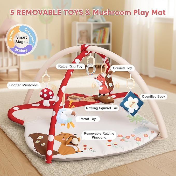 Baby Play Mat & Baby Seats for Infants for Sitting Up | Tummy Time Gym Activity Mat with 5 Detachable Toys for Stage-Based Sensory | Babies Essentials Gift for Newborn 0-6-12-18 Months (Red)