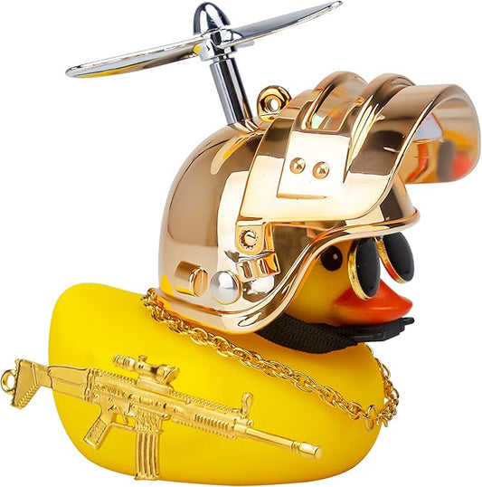 wonuu Rubber Duck Car Ornaments Cool Yellow Duck Car Dashboard Decorations Squeaky Glasses Duck with Propeller Helmet for Car ccessories Dashboard (Y-Gold)