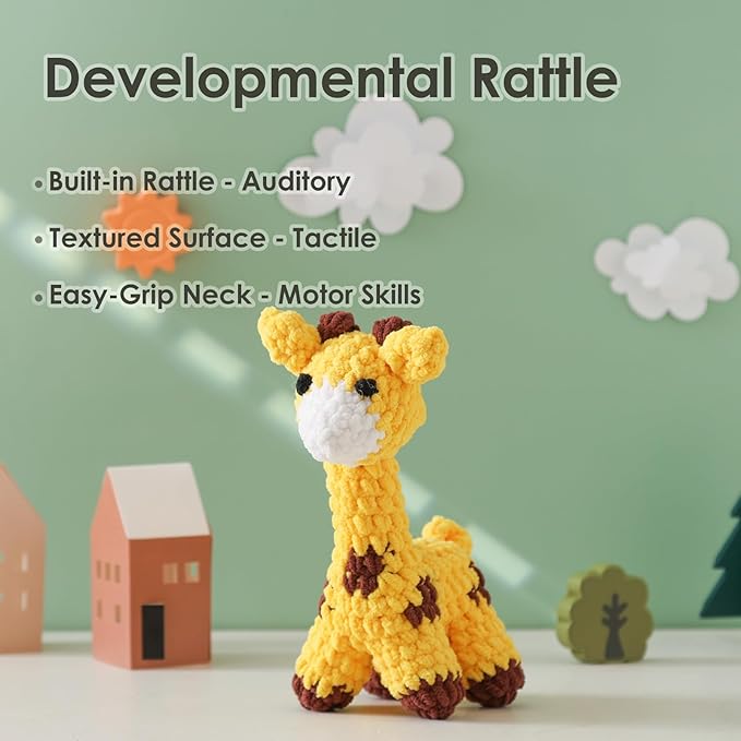 Crochet Sensory Rattle for Baby Early Development - Amigurumi Grip Toy - Soft Cotton Texture Shaker for Fine Motor Skills & Tactile Play - Newborn Essentials (Bunny & Giraffe)