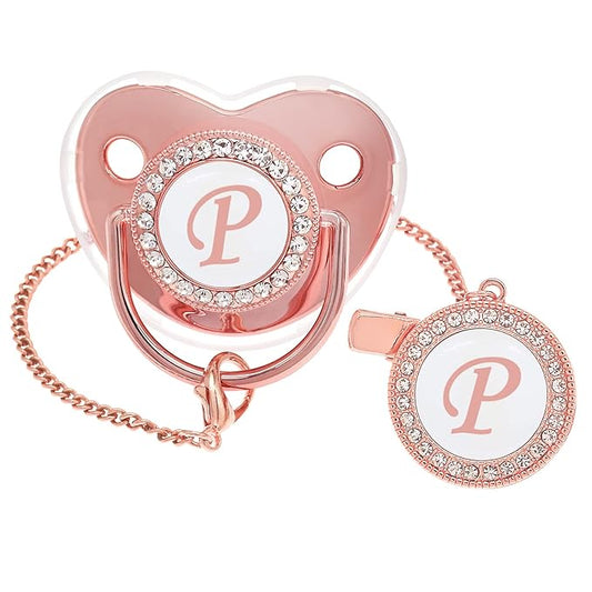 Bling Personalized Pink Baby Pacifier with Pacifier Clips and Anti-dust Cover A-Z 26 Letters(Pink,P)