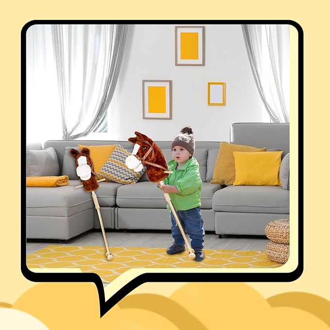 37 Inch Plush Stick Horse Handsewn Head Hobby Horse on a Stick Horses Ride on a Stick Toy with Wooden Wheels and Real Pony Clip-Clop Sounds for Pretend Play Kids Gift (Color Set 3)