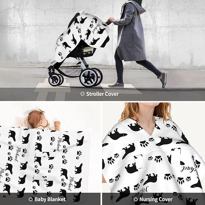 Personalized Bear and Paw Baby Infant Car Seats Canopy for Babies with Name, Custom Multi-use Blankets for Baby Boys Girls, Peekaboo Minky Nursing Breastfeeding Stroller Cover Canopies for Newborn