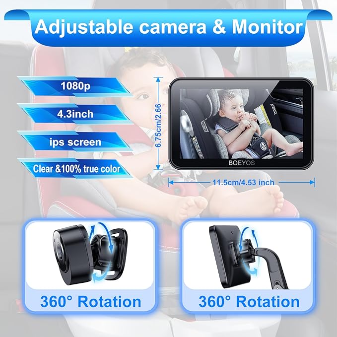 Baby Car Mirror - Baby Car Camera 4.3 inch HD 1080P - Rear Facing Car Baby Monitor with Night Vision - Adjustable View Angle, Easy Setup, Safety for Infants - Black