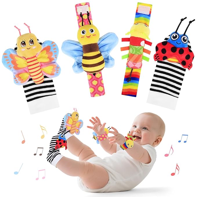 Baby Sensory Toys 0-6 Months, Socks and Foot Finder Set with Sounds for Babies 6-12 Months, Wrist Rattles for Babies 0-12 Months, Newborn Essentials Toy, Toddler Baby Boy Girl Shower Gifts