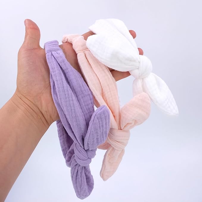 Sugarmelon Original Cotton Gauze Headband for Newborn Toddler Infant Baby Girl Kids Muslin Cotton Hair Bow Headbands Turban Elastic Hair Bands (2 pcs 029 White)