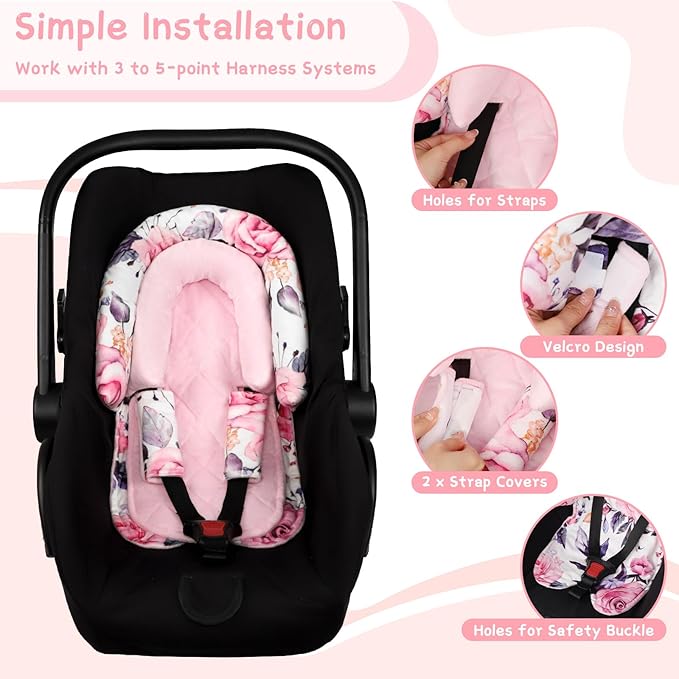 Baby Car Seat Head Body Support & Strap Covers, 2 in 1 Infant Car Seat Insert, Reversible Soft Breathable Newborn Cushion Pads for Preemie, Perfect for Baby Carseats, Strollers, Swings (Floral)