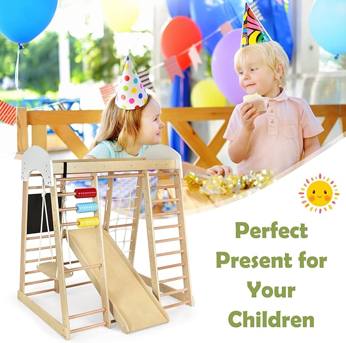 Costzon Indoor Playground, 8-in-1 Montessori Jungle Gym Beech Wood Climbing Toys for Toddlers w/Double-Sided Slide, Climbing Rock/Net, Indoor Playground Climber Playset for Kids 3+ Years (Natural)