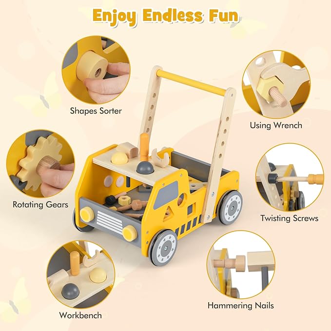BABY JOY Wooden Baby Walker, Pretend Play Tool Bench, Push and Pull Learning Walker Activity Center, Toddler Montessori Educational Toy for Boys Girls