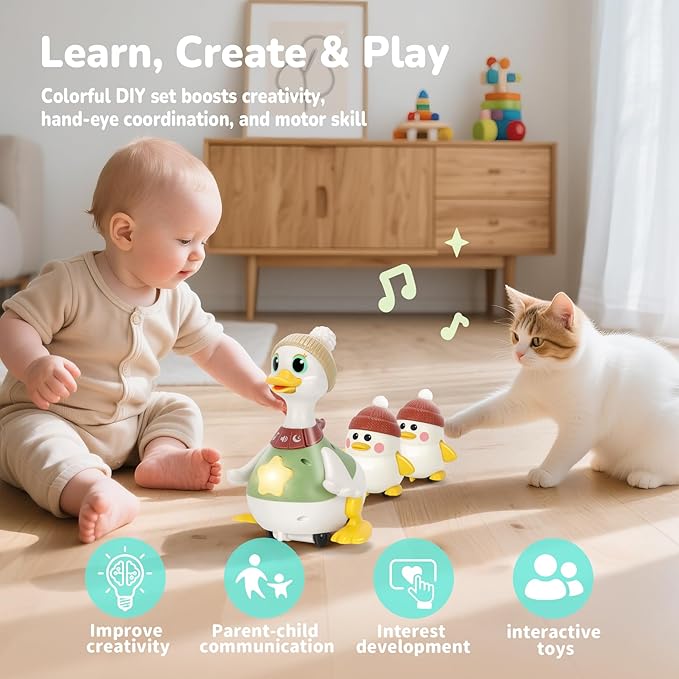 Hestiasko Baby Toys 6 8 10 12 Months, Tummy Time Duck Toy, Musical Dancing Duck Set with Lights & Sounds, Crawling and Interactive Sensory Learning Toy for Infants, Toddlers Gift for 1 Year Old Boy