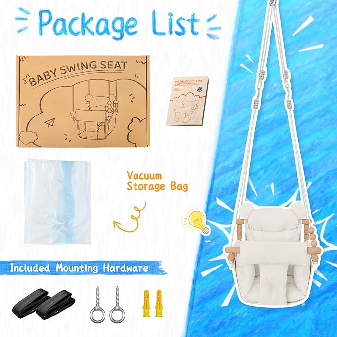 Baby Swing Indoor Outdoor,Secure Canvas Wooden Toddler Swing Seat, 3-Point Adjustable Safety Harness,Mounting Hardware Included,Gift for Boys and Girls,Beige