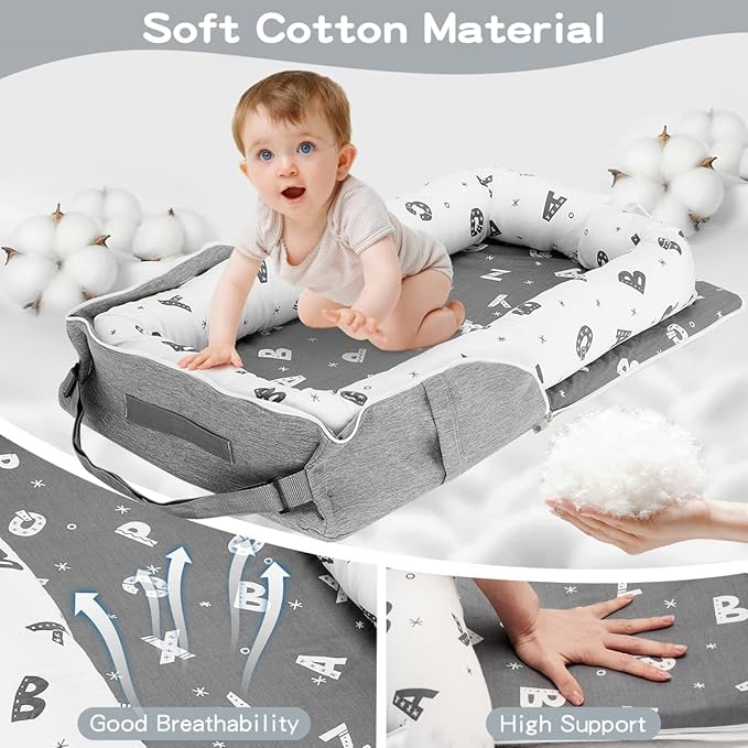 Baby Lounger 0-24 Months for Newborn to Toddler - Portable Baby Lounger for Travel with Cotton Infant Nest, Adjustable Safety Bumper & Baby Lounger Pillow - Letter Grey