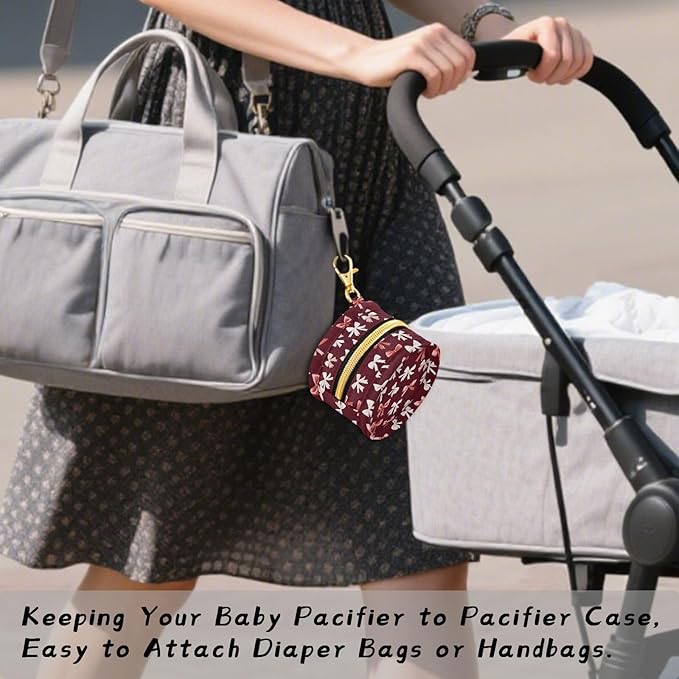 Pacifier Case with Hook Red White Bows Pattern Pacifier Holder Pod Easily Attaches to Diaper Bag or Purse