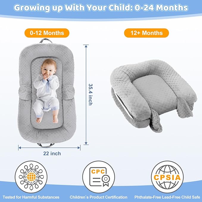 Baby Lounger for Newborn,0-12 Months,Foldable Soft Infant Lounger Pillow for Home and Travel, Baby Nest Lounger with Cover,Multi-Use Portable Baby Lounger for Supervised Play&Tummy Time, Grey