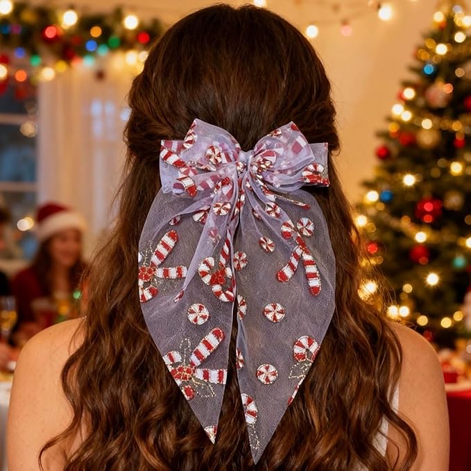 Christmas Bow Hair Clips for Women Girls, Red White Glitter Bow Hairpin, Santa Cane Alligator Clips with Long Tail, Festive Hair Accessories – Xmas Party Wedding Decorations(1 Pack)