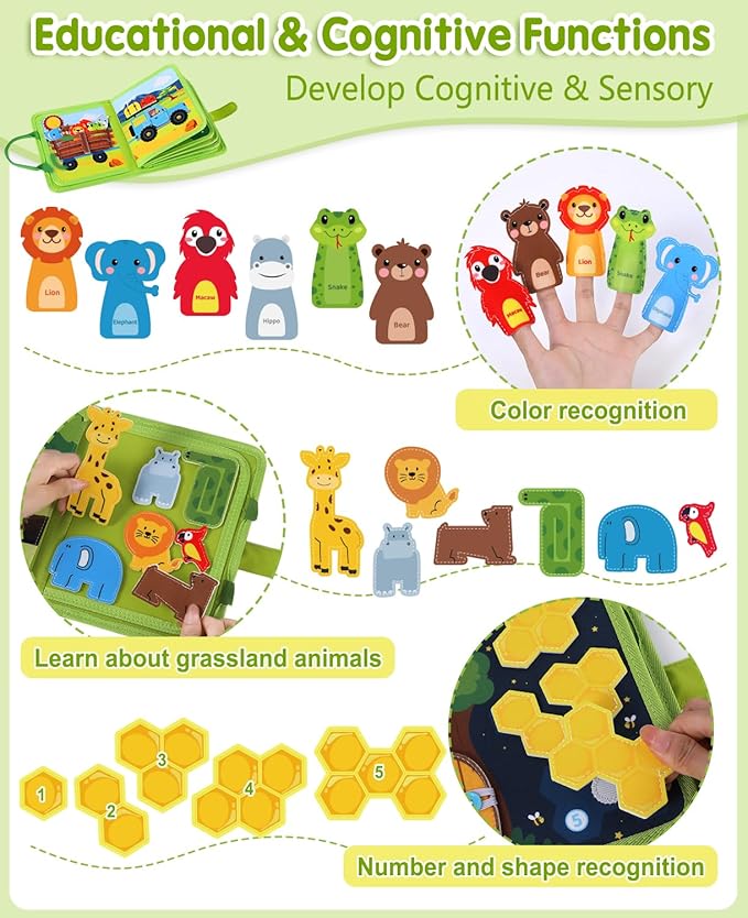 Wild-Animals Busy Book for Toddlers 1-3, Montessori Toys Busy Board for 1 Year Old Boy Girl Gifts, Toddler Easter Basket Stuffers Learning Quiet Activity Book, Educational Airplane One Year Travel Toy