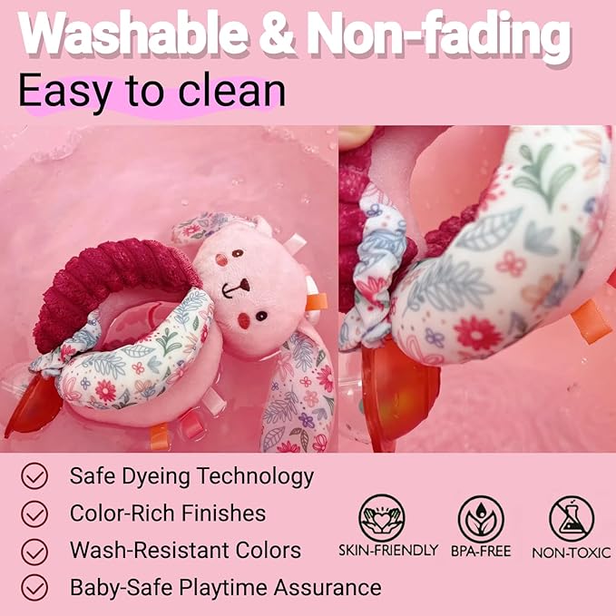 Baby Stroller Hanging Car Seat Toys for Infants 0-6 Months Girl 0-2-3-4-5-7-8-9-10 6-12 Month Old Newborn Gifts, Carseat Pink Plush Bunny Toy for Babies Play Gym Rattle Easter Basket Stuffers