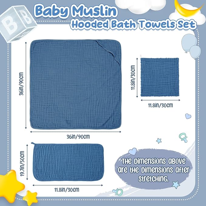 Breling 6 Pcs Muslin Hooded Baby Bath Towel, Hand Towels and Washcloth Set, 36"x 36" Cotton Newborn Bath Towel Cotton Absorbent Blanket Unisex Newborn Gift Essentials for Girl Boy (Blue,Grey)