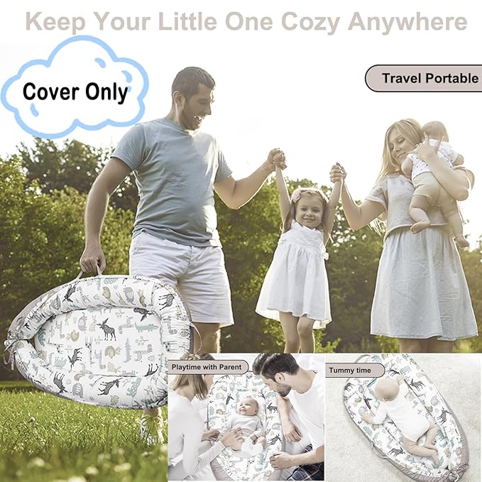 Baby Lounger Cover for Newborns, 100% Cotton Soft Portable Baby Nest Lounger Cover, Breathable Infant Lounger Replacement Cover, Lounger Pillow Cover Fit for Snuggle Me, Cover Only(Animal Pattern)