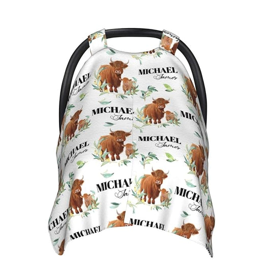 Personalized Baby Car Seat Canopy for Babies, Custom Name Cute Cow Baby Car Seat Covers for Boys and Girls, Opening Minky Nursing Breastfeeding Cover for Infant, Carseat Canopies for Newborn