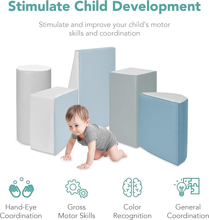 Best Choice Products Soft Foam Climbing Blocks for Toddlers, 5-Piece Baby Play Set, Easy-Clean Vinyl Foam Shapes, Safe Certified Materials, Early Learning Motor Skill Development Toy - Blue