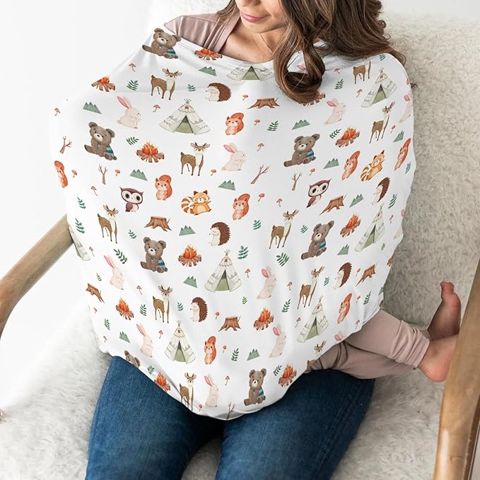 Camping Animals Car Seat Cover for Baby Bear Deer Raccoon Squirrel Bunny Hedgehog Owl Stretchy 5-in-1 Cover Adjustable Car Canopy Breastfeeding Cover Wildlife Breathable Nursing Cover-Up