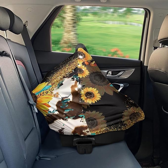 Wanyint Sunflower Cow Print Car Seat Covers Canopy Covers for Babies,Added Privacy for Breastfeeding,Baby Car Seat,Breathable Nursing Cover for Carrier Stroller