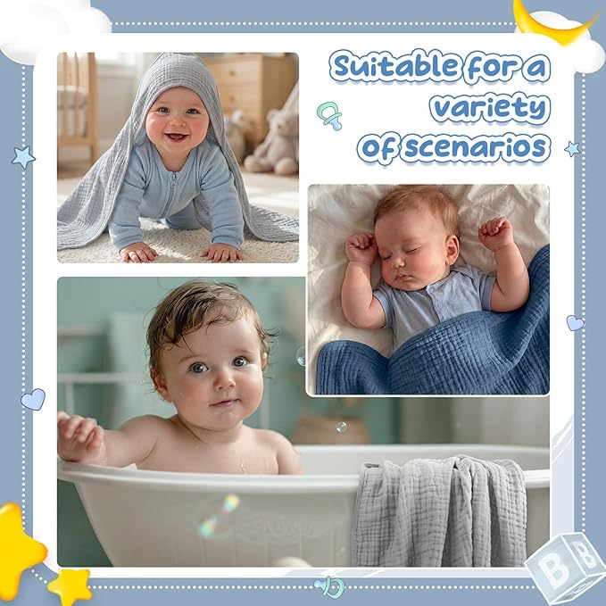 Breling 6 Pcs Muslin Hooded Baby Bath Towel, Hand Towels and Washcloth Set, 36"x 36" Cotton Newborn Bath Towel Cotton Absorbent Blanket Unisex Newborn Gift Essentials for Girl Boy (Blue,Grey)