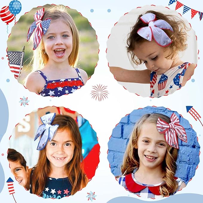 CN 6PCS 4th of July Tulle Hair Bows for Girls, American Flag Bows, Blue Red Stripes Hair Accessories Clips with Glitter Patriotic Stars Alligator Toddler Girls for Independence Day (Type I)