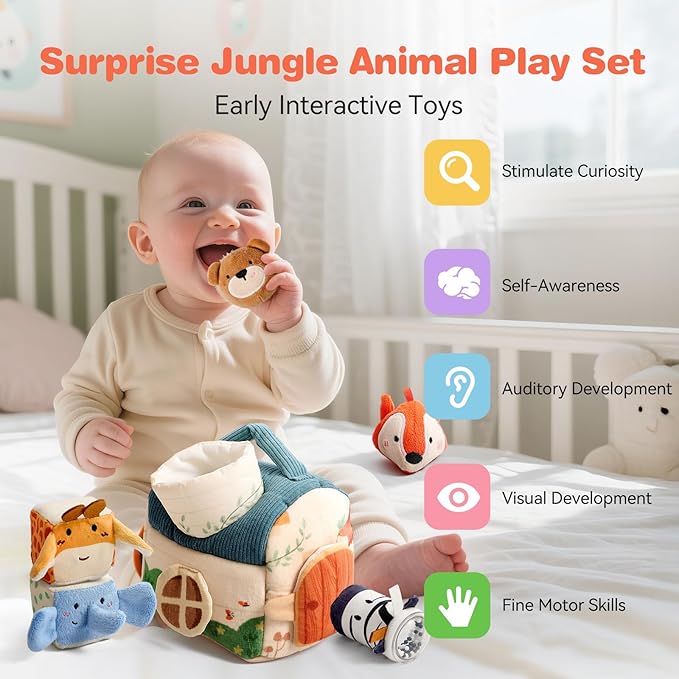 Youuys Baby Toys 6-12 Months Toys （ Montessori Toys Baby Tissue Box Sensory Toys & Jungle Soft Stuffed Animal Set with Rattle） - Toddlers Sensory Montessori Toy for 6 12 18 Months