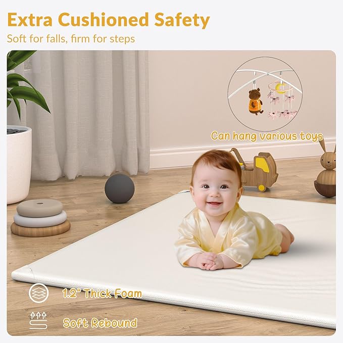 Padded Baby Play Mat Soft Vegan Leather with Thicken Foam Mat Easy Wipe-Clean Cushioned & 2 Sides Waterproof Baby Tummy Time Playmat Fits 50" x50" Playpens,2 Support Toybar Poles Included