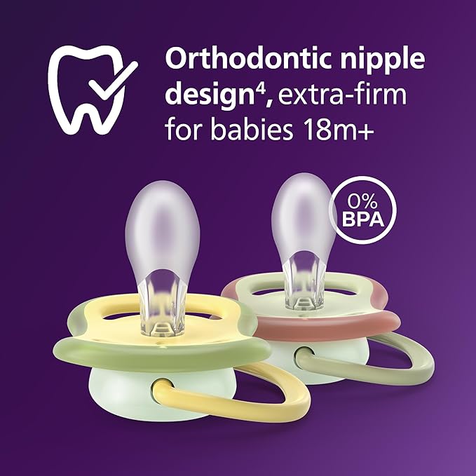 Philips Avent Ultra Air Nighttime Pacifiers - Orthodontic Design, for Babies 18 Months+, Glow in The Dark, Extra-Firm Silicone Symmetrical Nipple, BPA-Free, 2 Sterilizing Cases, 4 Pack, SCF376/38