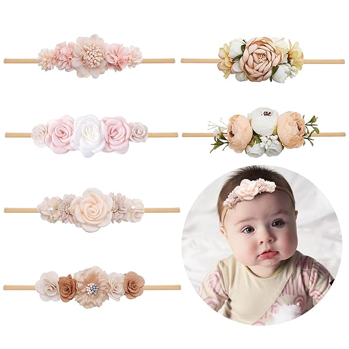 Baby Girl Flower Headband 6 PCS Elastic Hairbands Handmade Nylon Bows Headbands Chic Floral Hair Accessories Kids Gifts for Newborn Infant Toddlers