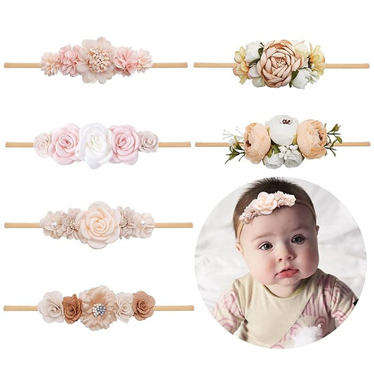 Baby Girl Flower Headband 6 PCS Elastic Hairbands Handmade Nylon Bows Headbands Chic Floral Hair Accessories Kids Gifts for Newborn Infant Toddlers