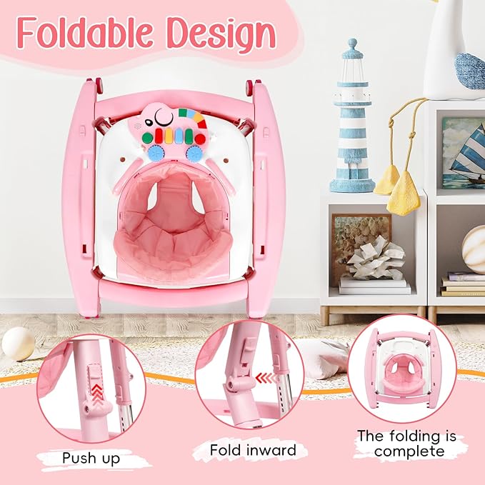 5 in 1 Baby Walker Foldable Music and Lights with 5 Adjustable Heights, Baby Walker with Wheels Portable, Infant Toddler Walker for Baby Boy Girls 6-18 Months (Pink)