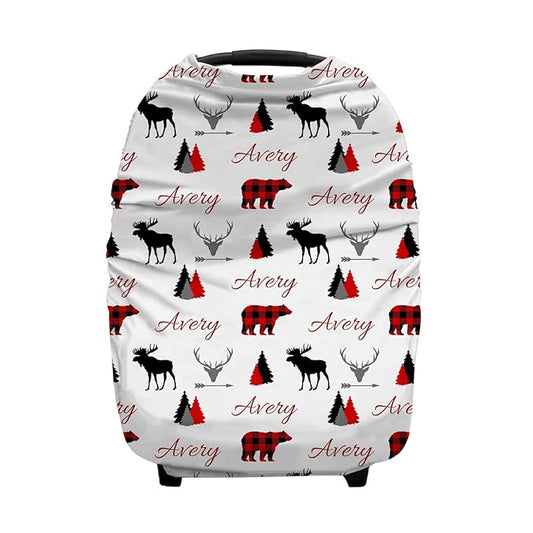 Personalized Plaid Woodland Deer and Bear Baby Car Seat Covers with Name, Custom Nursing Cover Breastfeeding for Babies, Carseat Canopy for Boys and Girls, Infant Stroller Cover