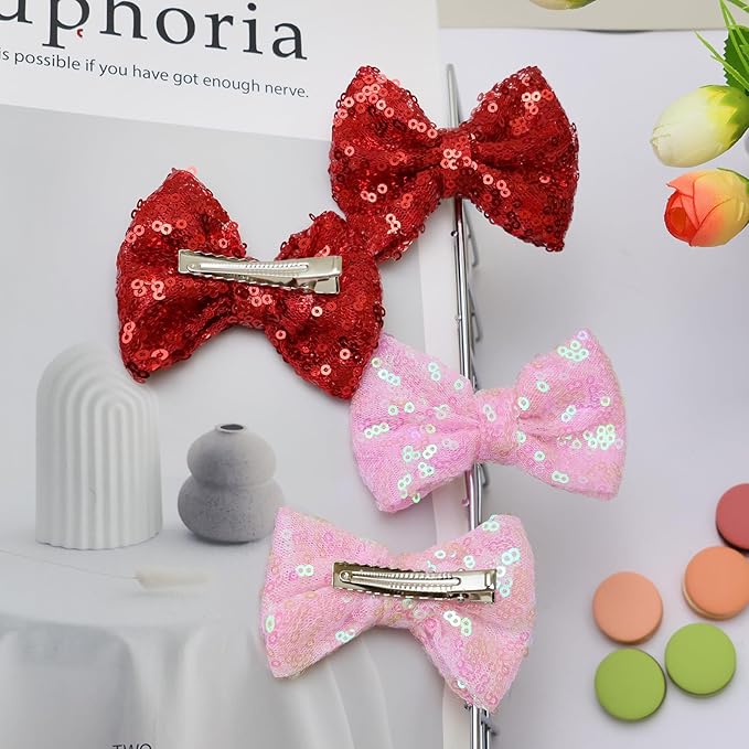 Valentines Red Hair Clip, 4pcs Pink Red Bow Hair Accessories for Little Teen Girls Toddler Kids, Sparkly Bows Toddler Glitter Hair Clips Alligator Clips, Back to School