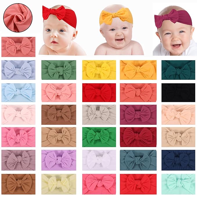 31 PCS Baby Girl Hair Bows, Super Stretchy Soft Nylon Baby Bows Headbands Set, for Newborn Infant Toddler 0-6 6-12 Months, Elastic Bow Hair Accessories Multi-Color, Shower Gift