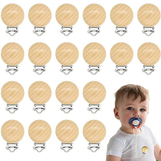 20 Pieces Wood Pacifier Clips Teething Grasping Toy Suspender Clips Natural Beech Wood Pacifier Clip Holder Charm DIY Pacifier Clips Chain Accessories