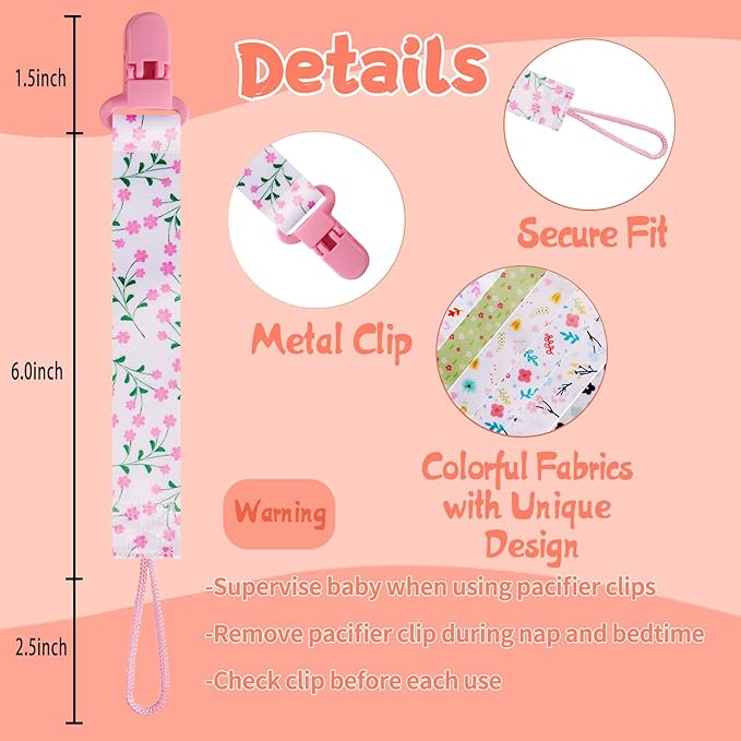 12 Pack Floral Baby Pacifier Clip for Girls, Cute Flower Printed Pacifier Holder, Sweet Stylish Design, Secure Clip, Lovely Baby Girl Gift