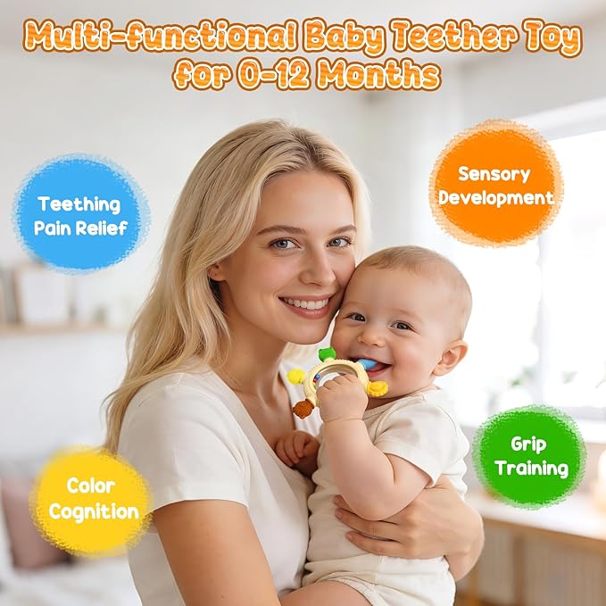 Teething Ring Toys 3-6 Months, BPA-Free Silicone Infant Rattle Teethers for Babies 6-12 Months, Baby Essentials Teething Relief Sensory Chew Toys, Baby Gifts for Boys and Girls