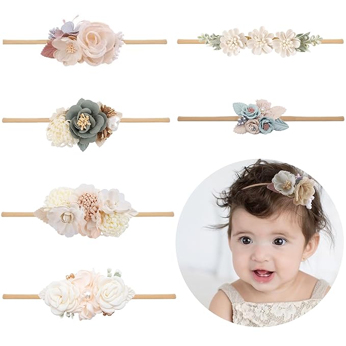 Baby Girl Flower Headband 6 PCS Elastic Hairbands Handmade Nylon Bows Headbands Chic Floral Hair Accessories Kids Gifts for Newborn Infant Toddlers