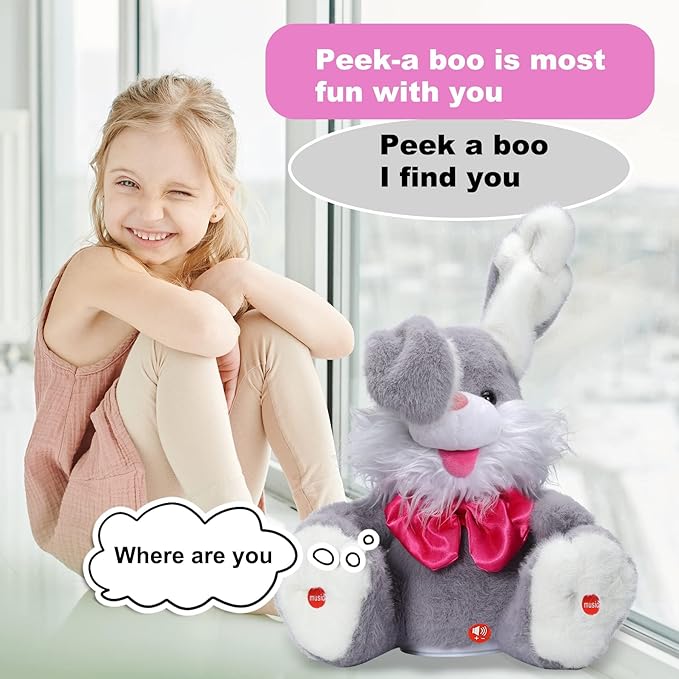 MIAODAM Peek-A Boo Bunny Toys for Toddlers, Bunny Stuffed Animal, Children Song & Lullabies Talking Toys, Cute Easter Bunny Toy with Floppy Ears, Interactive Gifts for Baby & Toddler