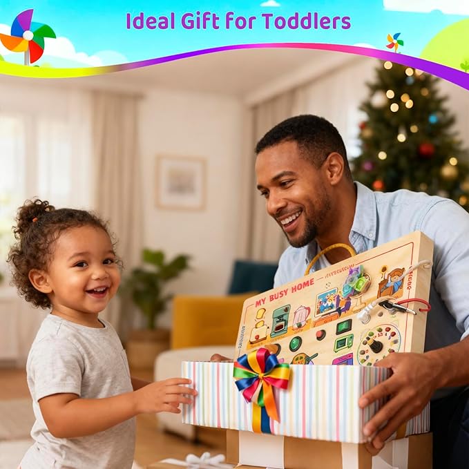 UdoUto My Busy Home Montessori Busy Board for Toddlers 1-3 - Wooden Sensory Activity Board with Kitchen Appliances, Switches, Clock | Educational Fine Motor Skill Toy for 1+ Year Old Boys Girls