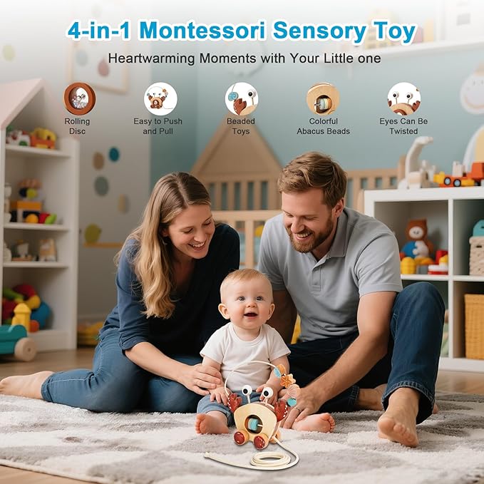 Pull-Along Walking Toys for Babies 12 Months +,4 in 1 Push and Pull Toy for Toddlers Aged 1-2 and 3-4 Years Old, Wooden Baby Toys, Montessori Early Development Sensory Toy