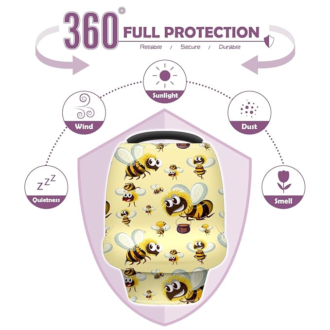 Baby Car Seat Stroller Covers Cartoon Bumble Bee Nursing Cover Breastfeeding Scarf Soft Breathable Stretchy Infant Car Canopy Coverage Carseat Cover for Boys and Girls Multi Use