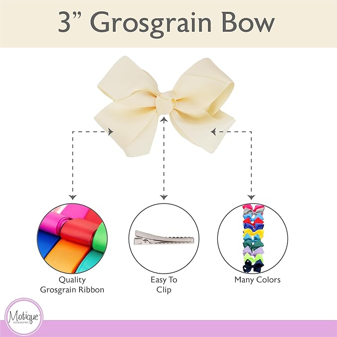 3 Inch Grosgrain Bow for Little Girls- Set of 2 (Ivory)
